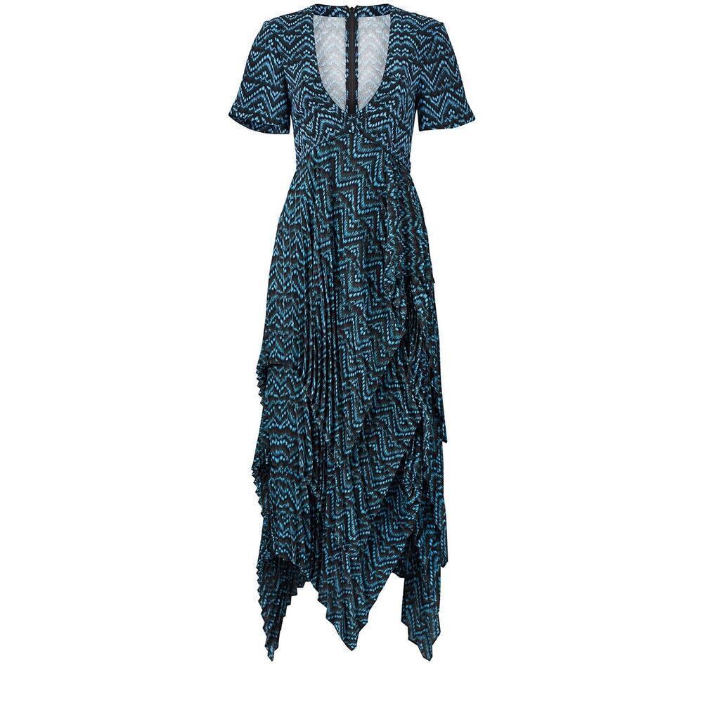 A.L.C. Blue & Black Kylia 100% Silk Asymmetrical Midi Dress Sz 2